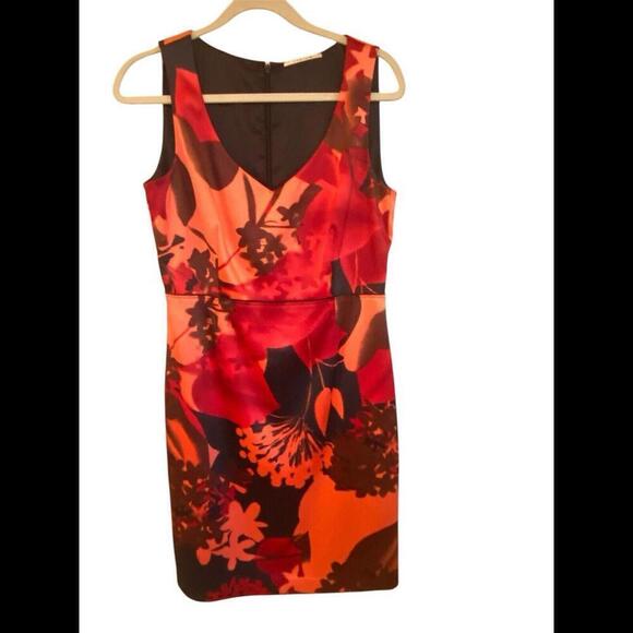 Tahari Red Floral Satin Sheath Pencil Knee Length Dress 10 ? - Picture 1 of 5